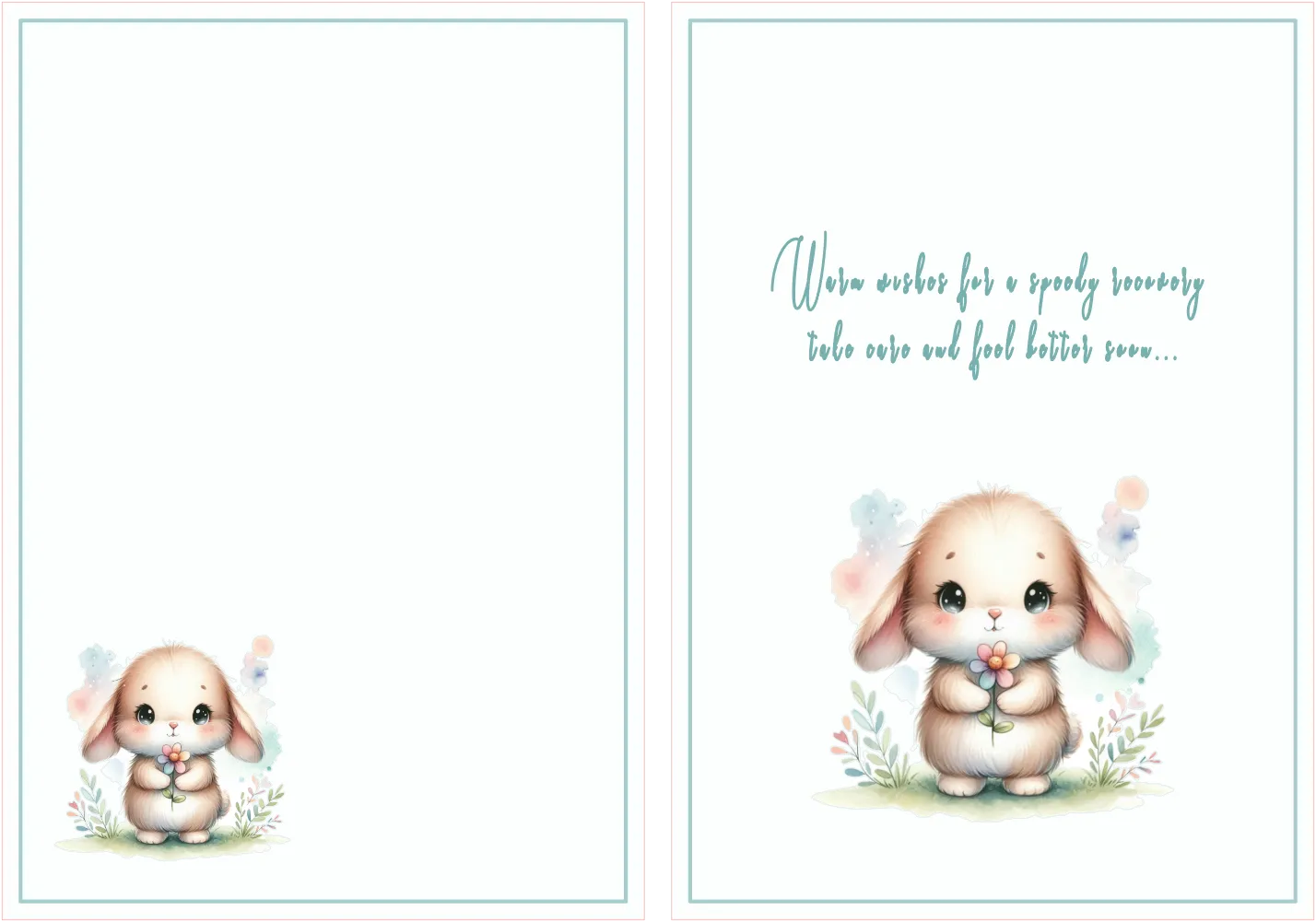 Greeting card with a cute cartoon bunny holding flowers on a white background
