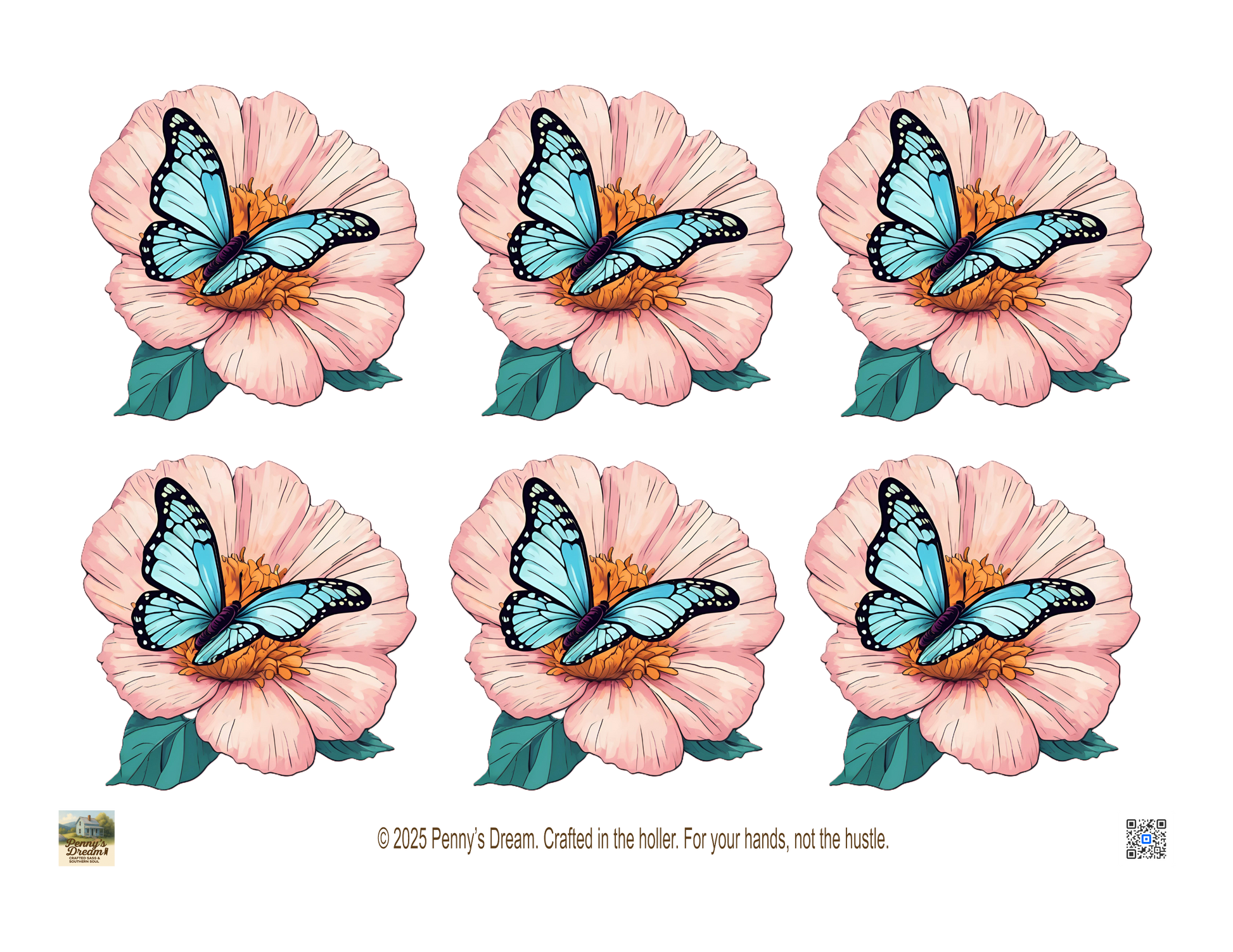 Six pink flowers with blue butterflies on a white background