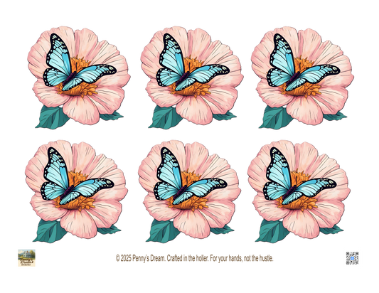 Six pink flowers with blue butterflies on a white background