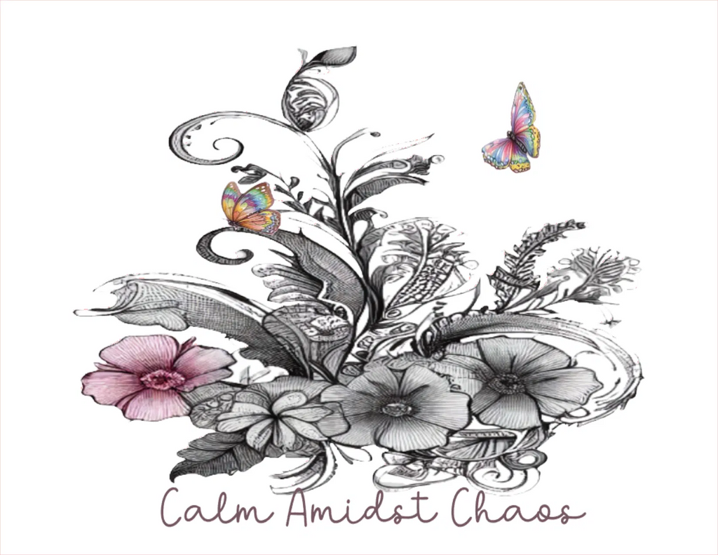 Decorative floral design with a butterfly and text 'Calm Amidst Chaos' on a white background