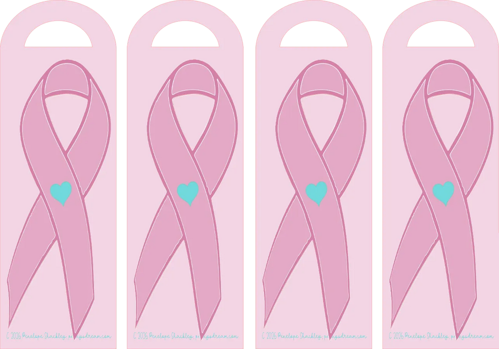 Four pink ribbons with blue hearts on a light pink background