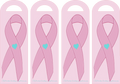 Four pink ribbons with blue hearts on a light pink background