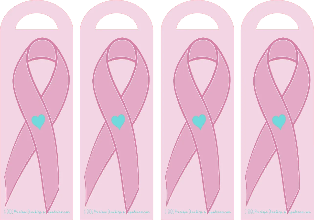 Four pink ribbons with blue hearts on a light pink background