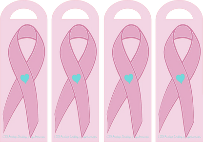 Four pink ribbons with blue hearts on a light pink background