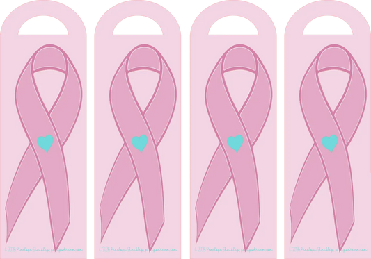 Four pink ribbons with blue hearts on a light pink background