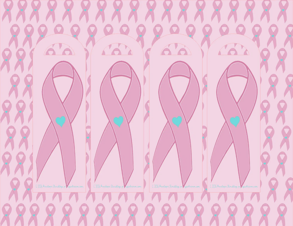 Pattern of pink breast cancer awareness ribbons with blue hearts on a pink background.