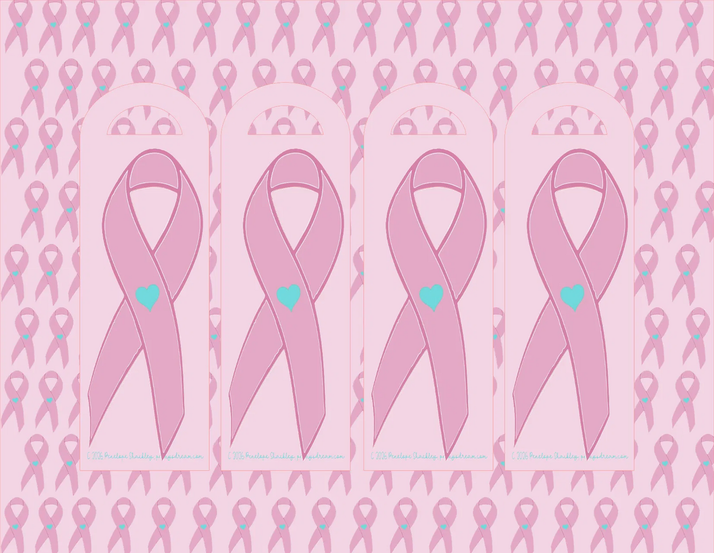 Pattern of pink breast cancer awareness ribbons with blue hearts on a pink background.