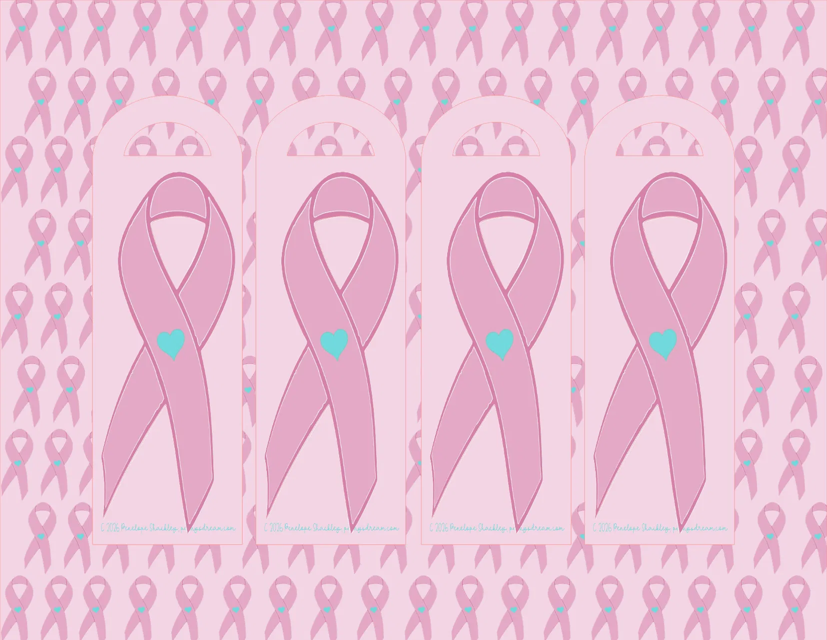 Pattern of pink breast cancer awareness ribbons with blue hearts on a pink background.
