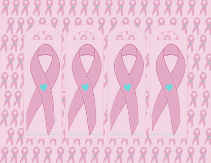 Pattern of pink breast cancer awareness ribbons with blue hearts on a pink background.