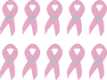 Pink ribbons with blue hearts on a white background