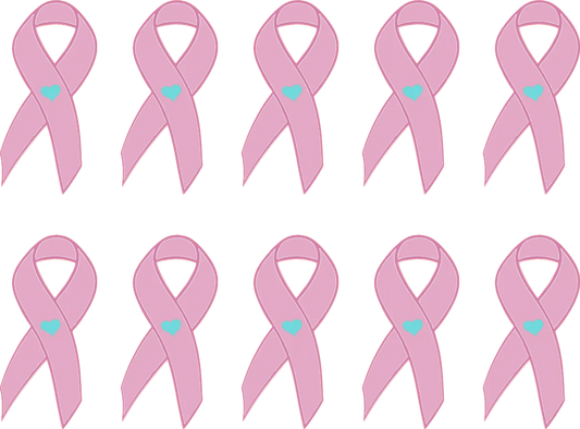 Pink ribbons with blue hearts on a white background