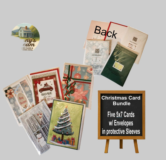Christmas card bundle with five 5x7 cards and envelopes on a floral background.