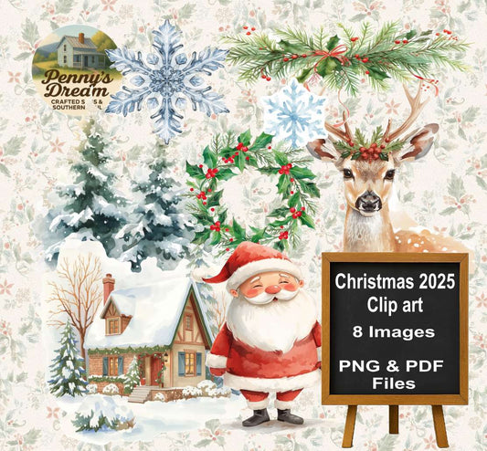 Christmas-themed clip art set with Santa Claus, deer, and winter scenery on a light background.