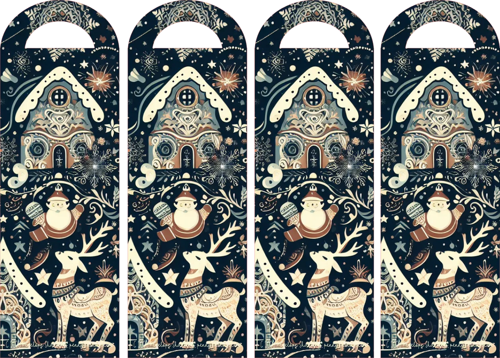 Four identical Christmas-themed decorative panels or labels shown side by side on a plain white background. Each panel features a dark navy background with cream and tan holiday illustrations, including gingerbread houses, snowmen, stars, and reindeer.