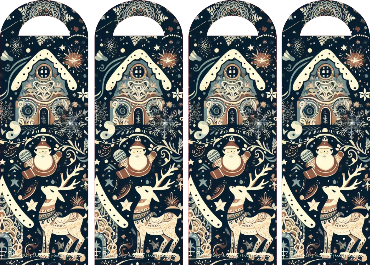 Four identical Christmas-themed decorative panels or labels shown side by side on a plain white background. Each panel features a dark navy background with cream and tan holiday illustrations, including gingerbread houses, snowmen, stars, and reindeer.