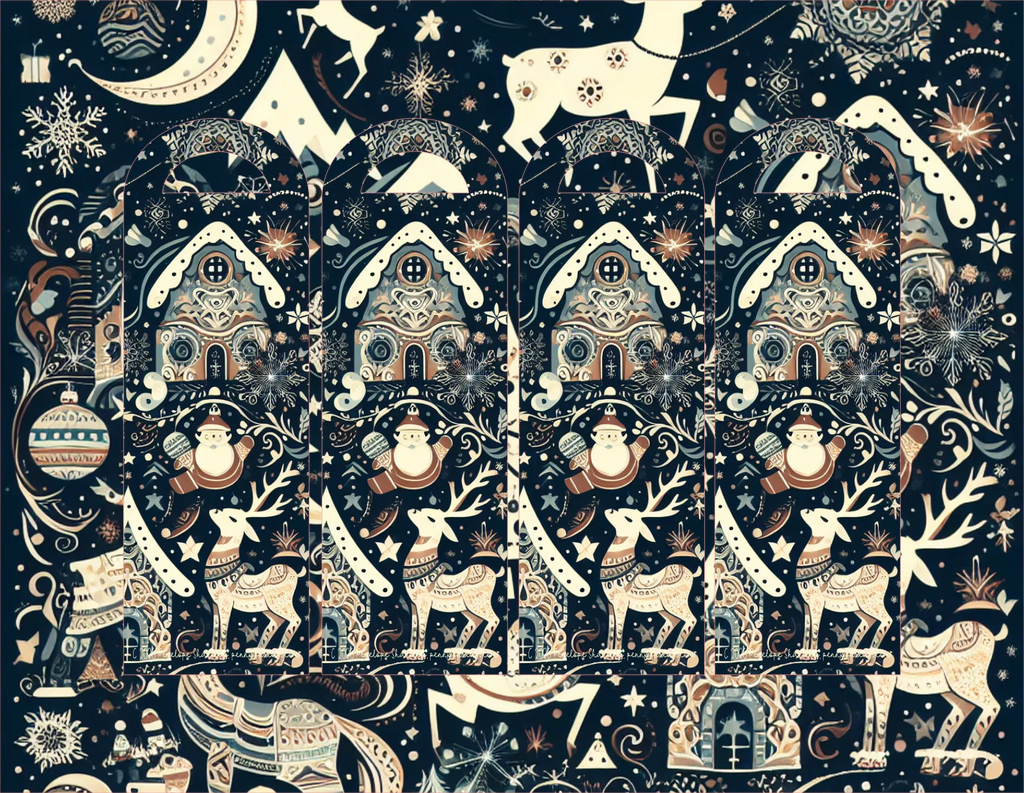 A repeating festive pattern featuring cream-colored Christmas houses, reindeer, snowmen, stars, moons, and snowflakes on a dark navy blue background.