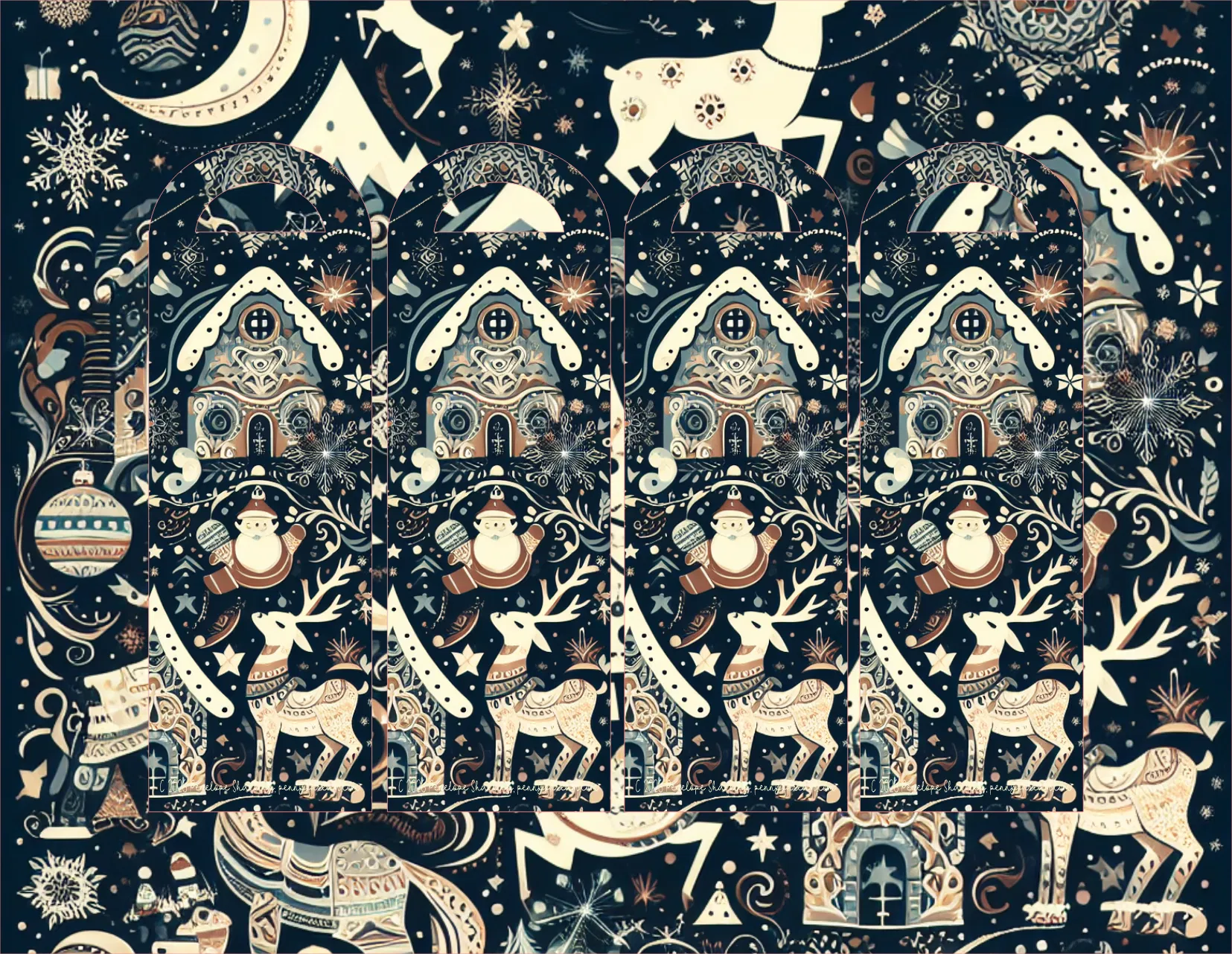 A repeating festive pattern featuring cream-colored Christmas houses, reindeer, snowmen, stars, moons, and snowflakes on a dark navy blue background.