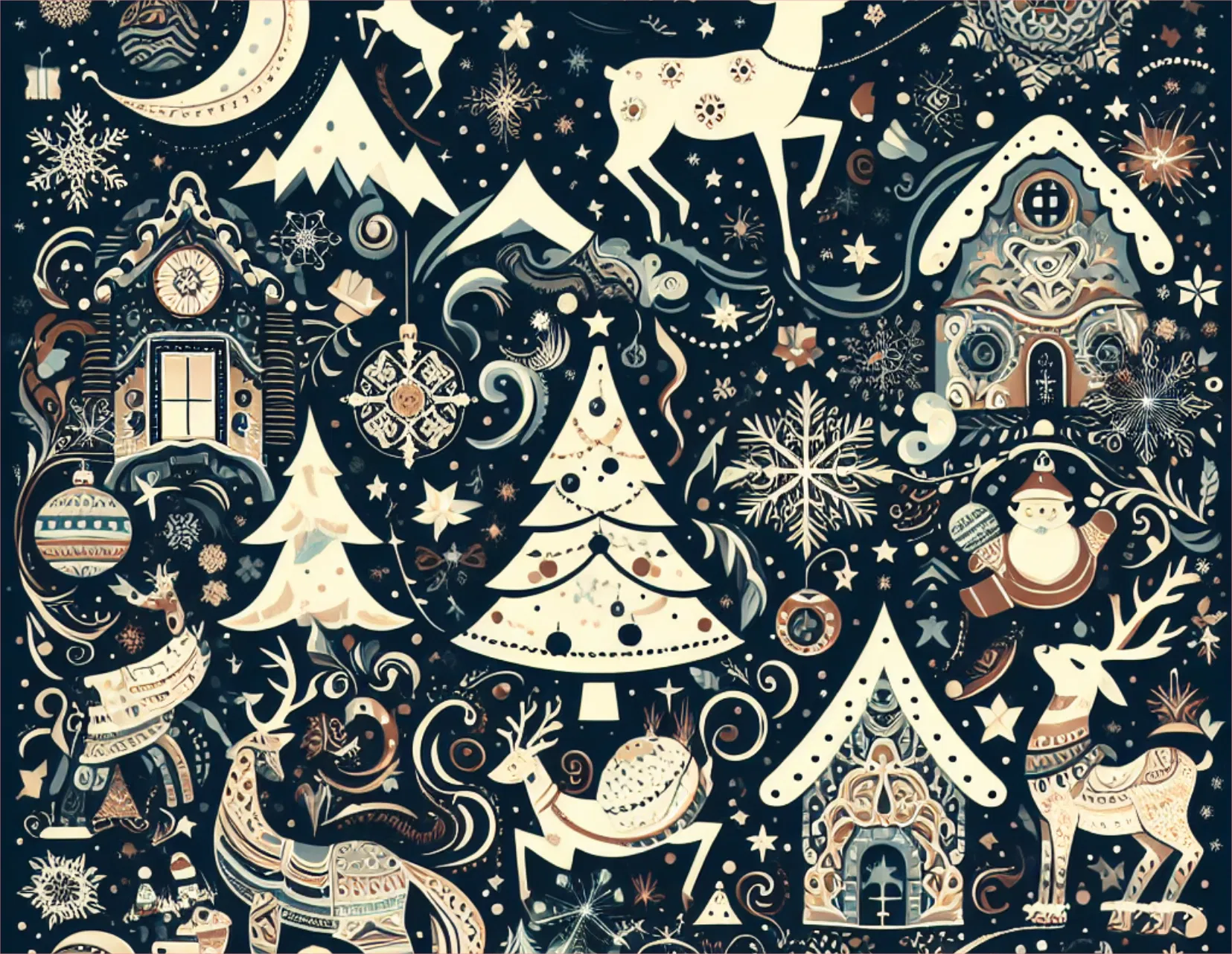 A festive Christmas pattern featuring cream-colored illustrations of trees, houses, reindeer, snowflakes, stars, and ornaments on a dark navy blue background.