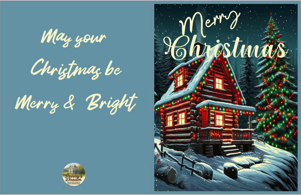 Christmas card with a snowy cabin and tree, featuring the text 'Merry Christmas be Merry & Bright'.