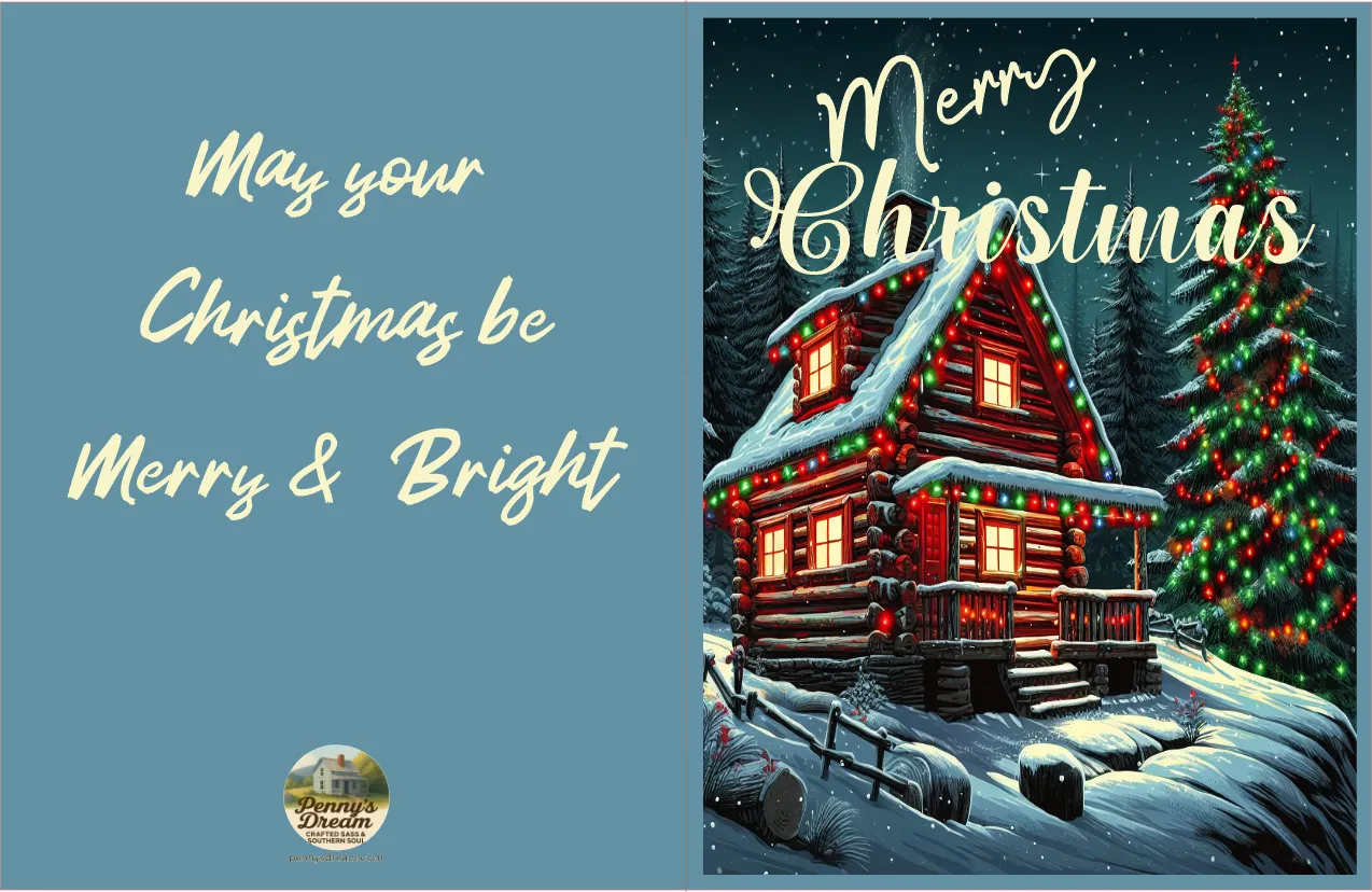Christmas card with a snowy cabin and tree, featuring the text 'Merry Christmas be Merry & Bright'.