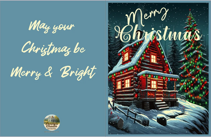 Christmas card with a snowy cabin and tree, featuring the text 'Merry Christmas be Merry & Bright'.