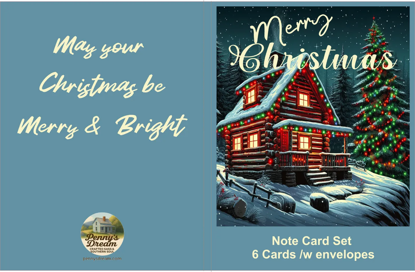Christmas card set with a snowy cabin and tree on a blue background, featuring the text 'Merry Christmas' and 'May your Christmas be Merry & Bright'.