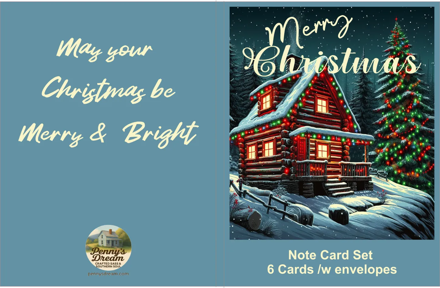Christmas card set with a snowy cabin and tree on a blue background, featuring the text 'Merry Christmas' and 'May your Christmas be Merry & Bright'.