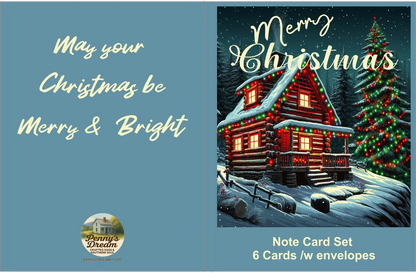 Christmas card set with a snowy cabin and tree on a blue background, featuring the text 'Merry Christmas' and 'May your Christmas be Merry & Bright'.