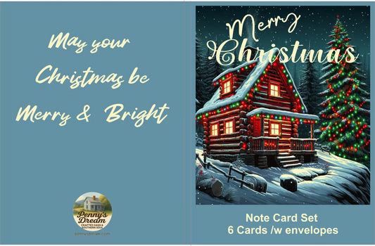 Christmas card set with a snowy cabin and tree on a blue background, featuring the text 'Merry Christmas' and 'May your Christmas be Merry & Bright'.