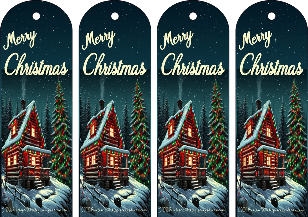 Four identical Christmas Bookmarks with a snowy cabin and trees design.