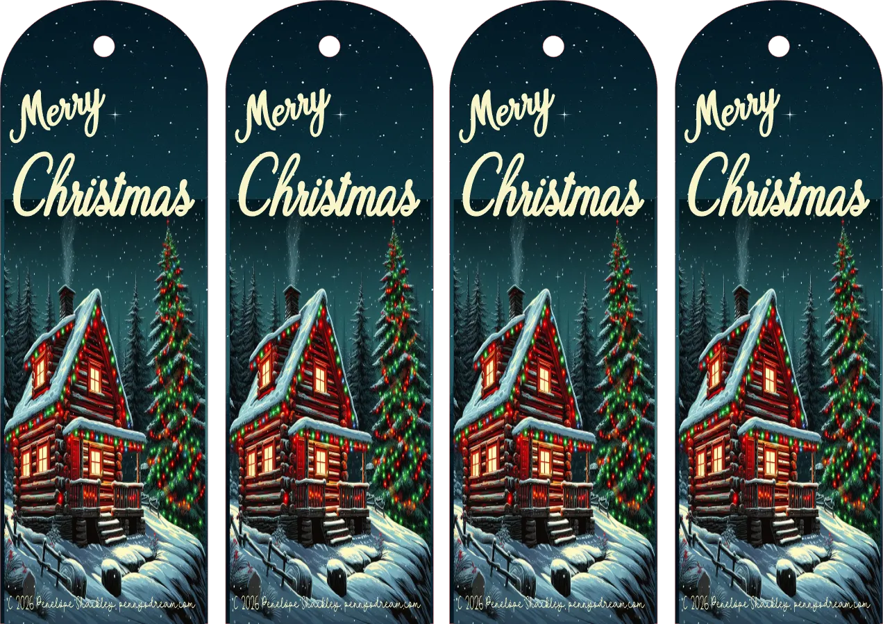 Four identical Christmas Bookmarks with a snowy cabin and trees design.