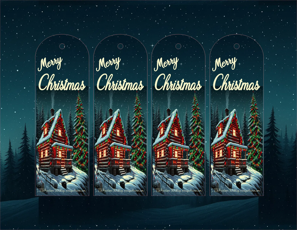 Five identical Christmas bookmarks with a snowy cabin and 'Merry Christmas' text against a night sky.