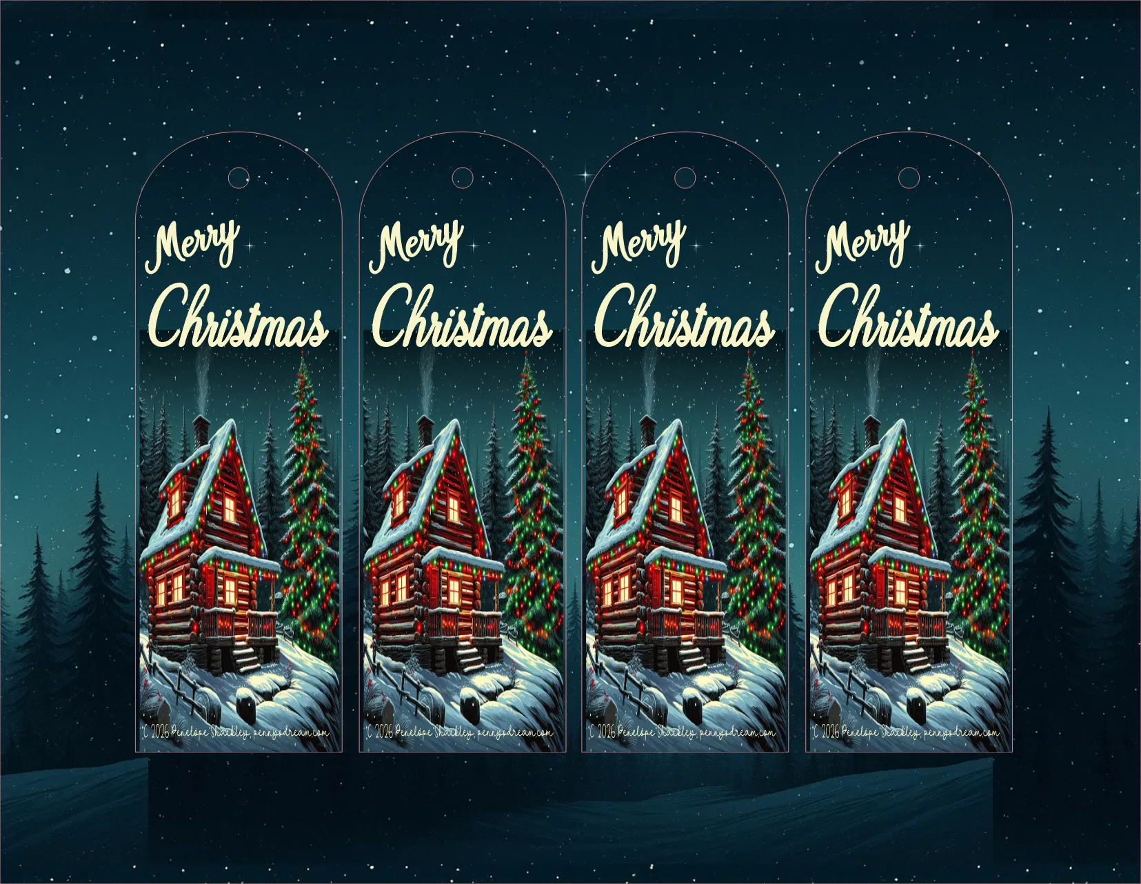Five identical Christmas bookmarks with a snowy cabin and 'Merry Christmas' text against a night sky.
