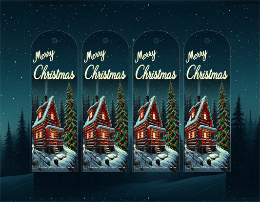 Five identical Christmas bookmarks with a snowy cabin and 'Merry Christmas' text against a night sky.