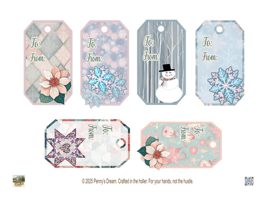 Set of decorative gift tags with winter-themed designs on a white background.