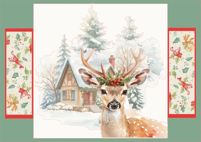 Festive scene with a deer wearing a wreath, a house, and decorative borders on a white background.