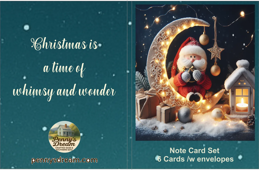 Note card set with Santa Claus and Christmas decorations on a dark blue background.