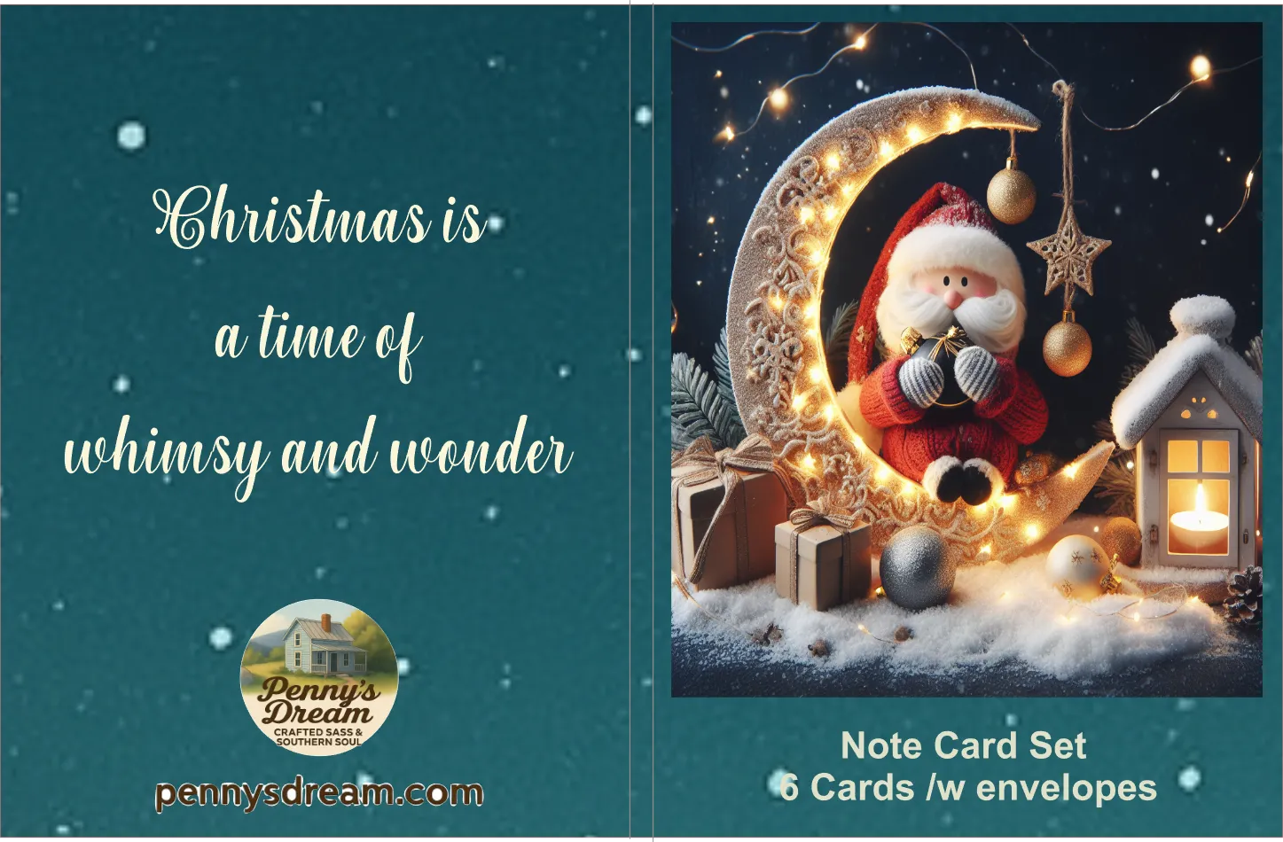 Note card set with Santa Claus and Christmas decorations on a dark blue background.