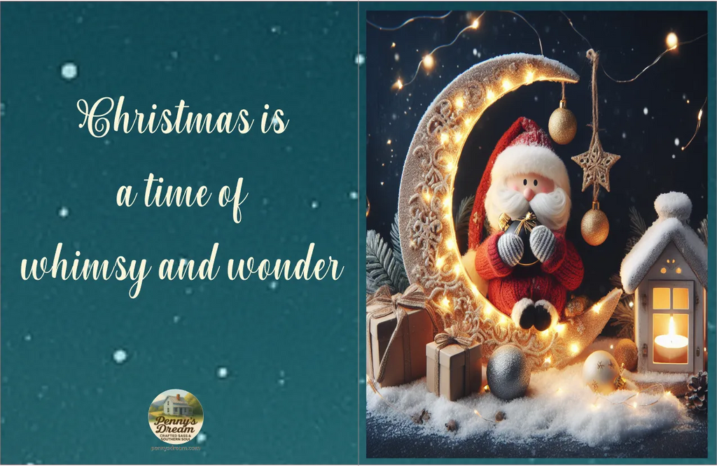 Decorative Christmas scene with Santa Claus, moon, and house on a dark blue background with text 'Christmas is a time of whimsy and wonder'.