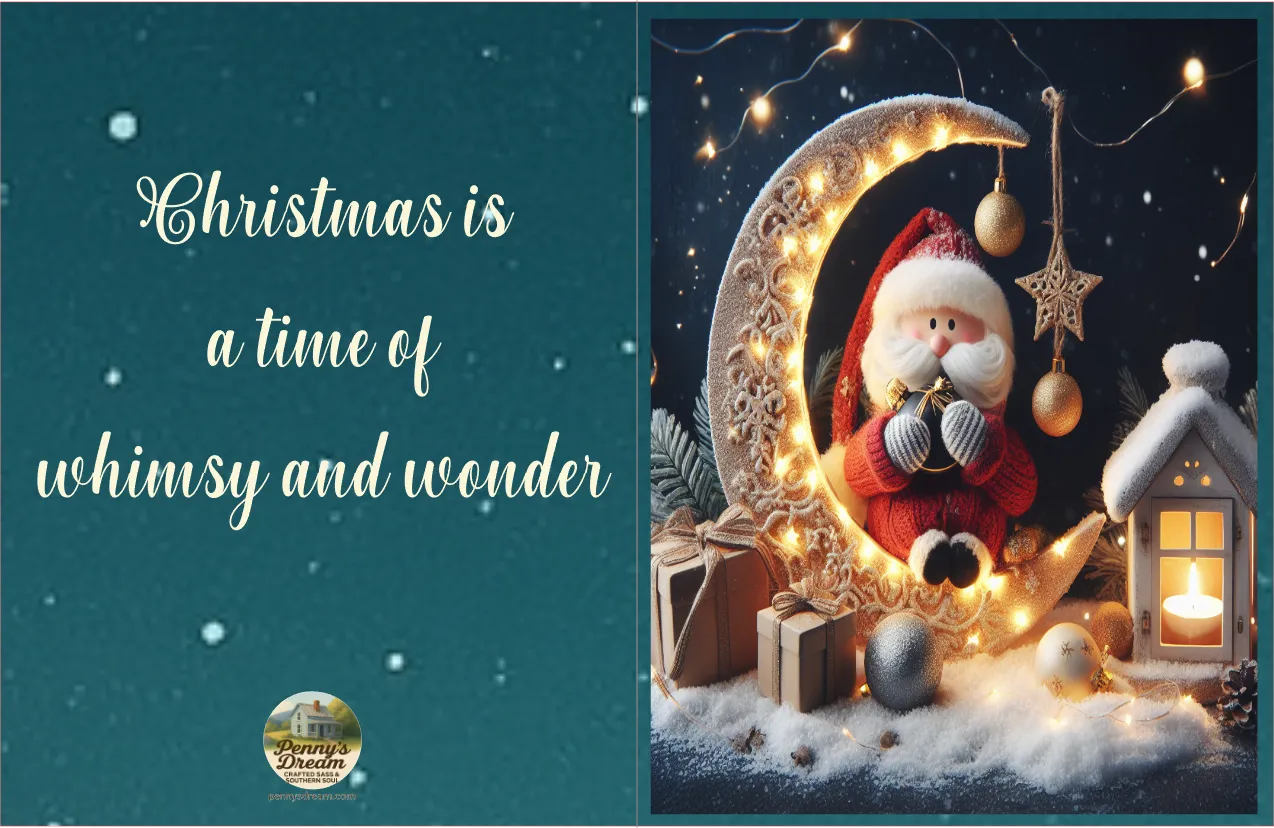 Decorative Christmas scene with Santa Claus, moon, and house on a dark blue background with text 'Christmas is a time of whimsy and wonder'.