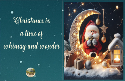Decorative Christmas scene with Santa Claus, moon, and house on a dark blue background with text 'Christmas is a time of whimsy and wonder'.