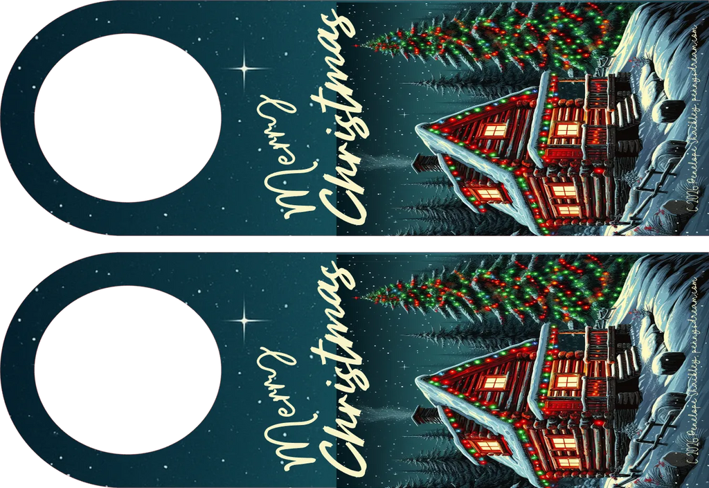 Two Christmas-themed door hangers with a house and tree design on a dark blue background.