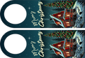 Two Christmas-themed door hangers with a house and tree design on a dark blue background.