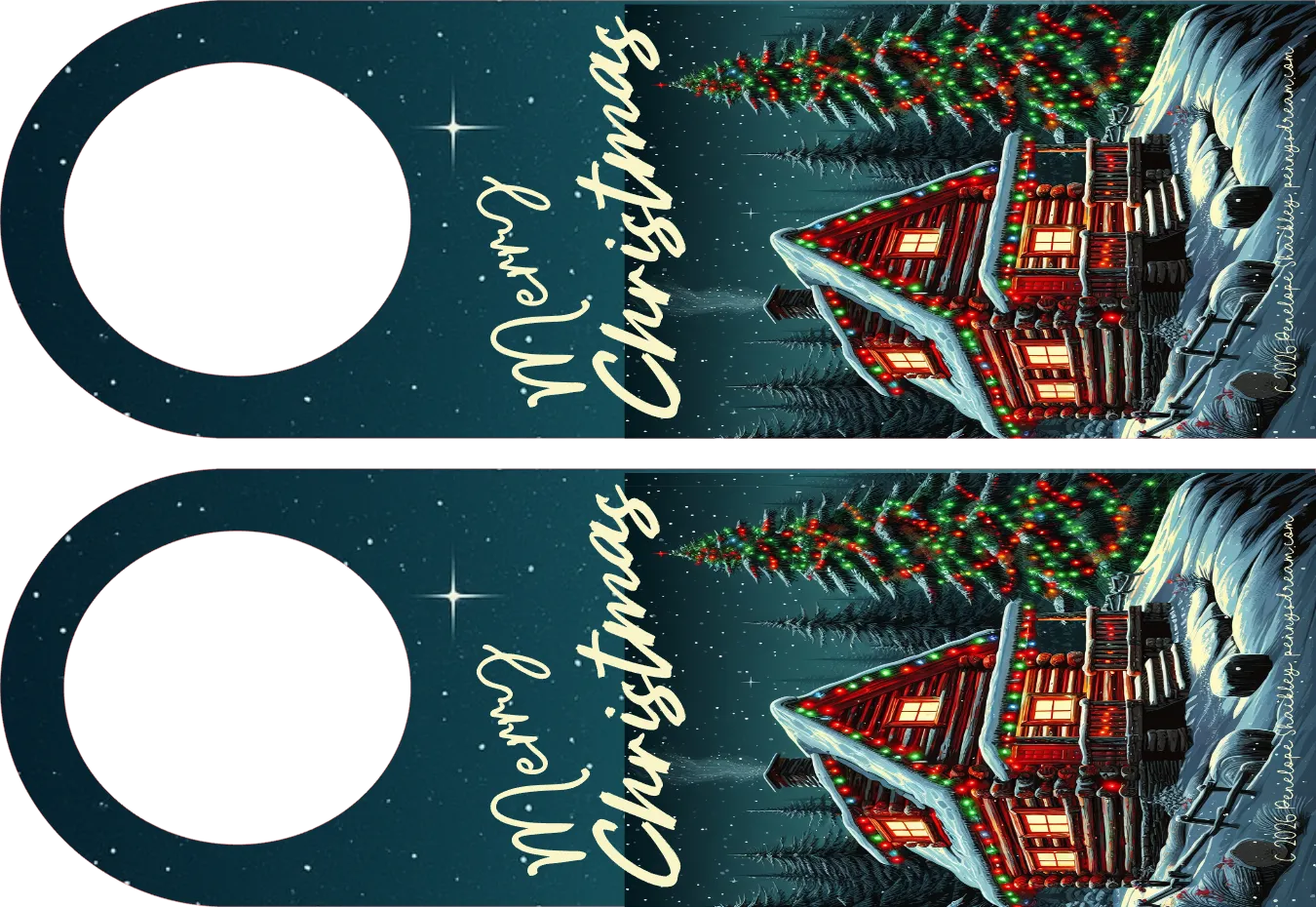 Two Christmas-themed door hangers with a house and tree design on a dark blue background.