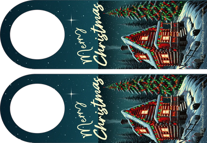 Two Christmas-themed door hangers with a house and tree design on a dark blue background.