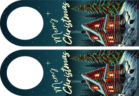 Two Christmas-themed door hangers with a house and tree design on a dark blue background.