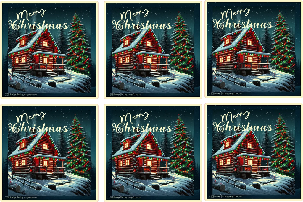 Set of six Christmas stickers with a snowy cabin and tree design.