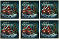 Set of six Christmas stickers with a snowy cabin and tree design.