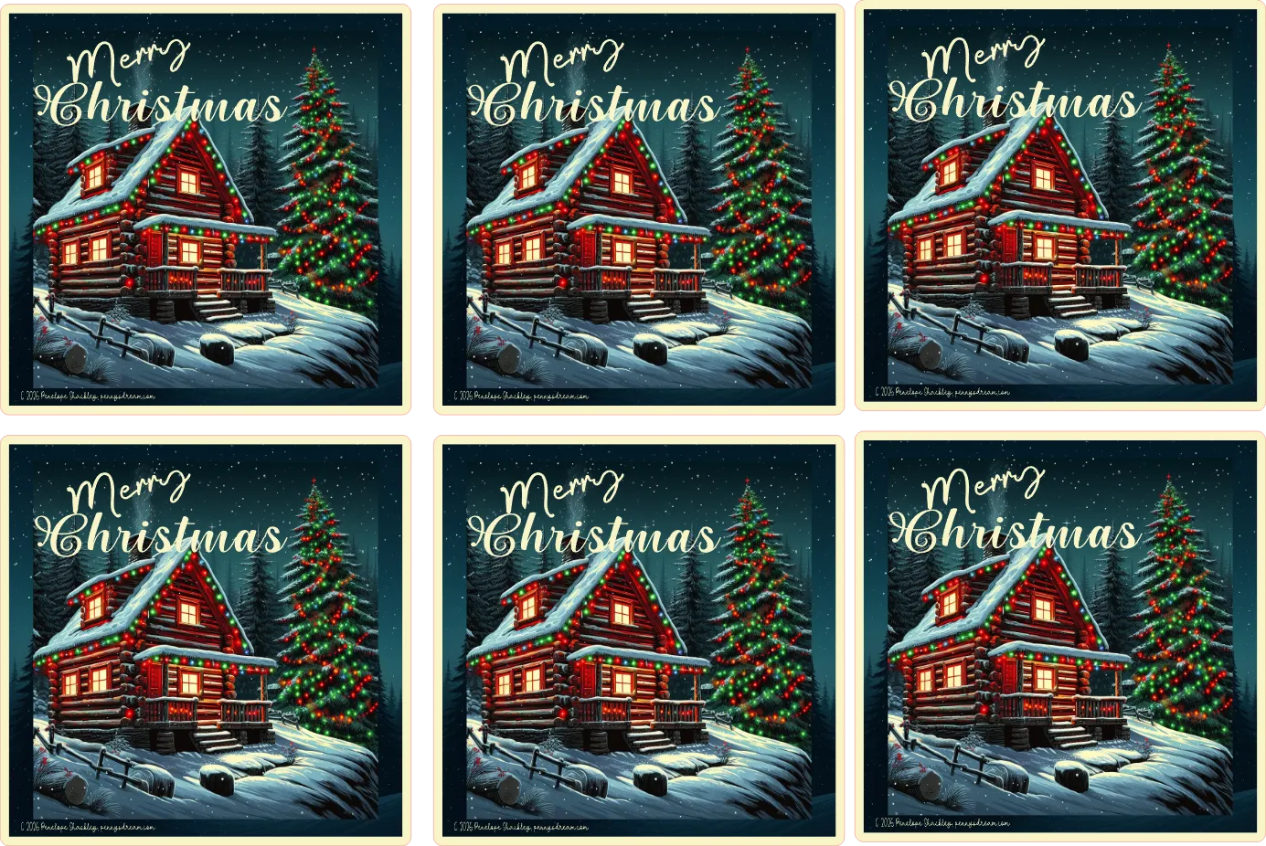 Set of six Christmas stickers with a snowy cabin and tree design.