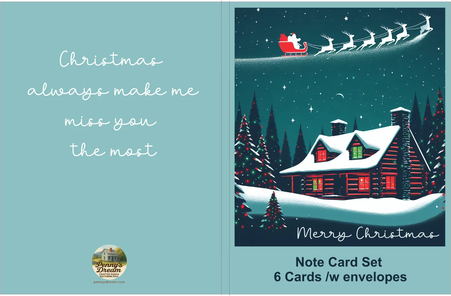 Note card set with Christmas design featuring Santa Claus, a house, and trees on a blue background.